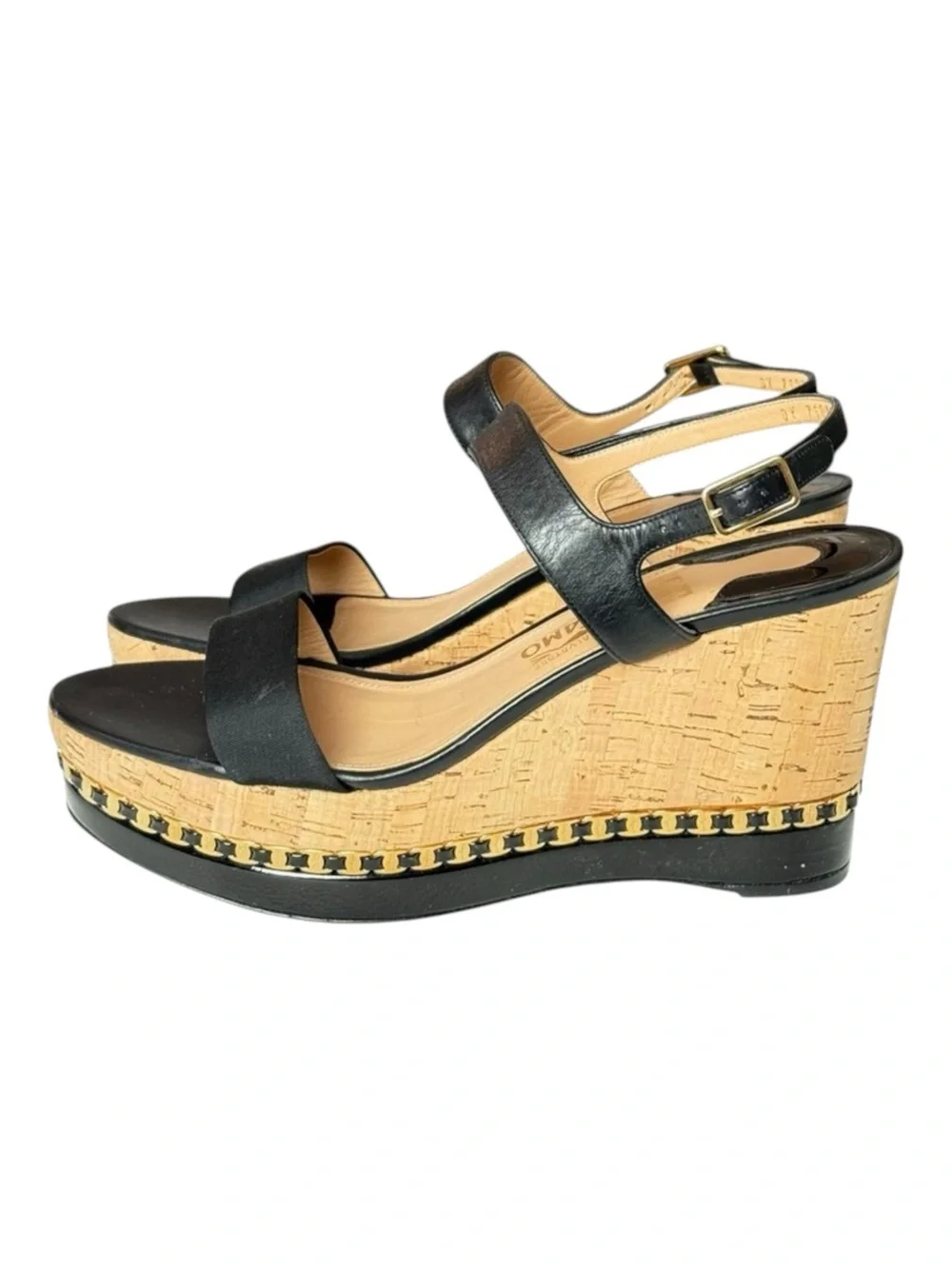 Salvatore Ferragamo ꔘ Mollie Chain Platform Wedge Sandals ꔘ Black Leather ꔘ 9.5B